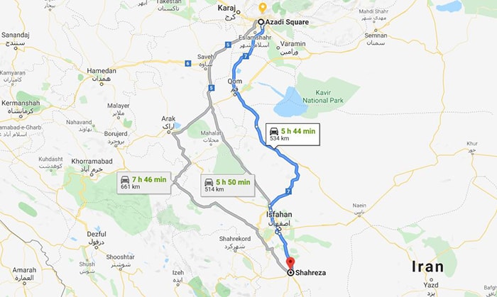 مسافت تهران تا اصفهان روی نقشه گوگل مپ